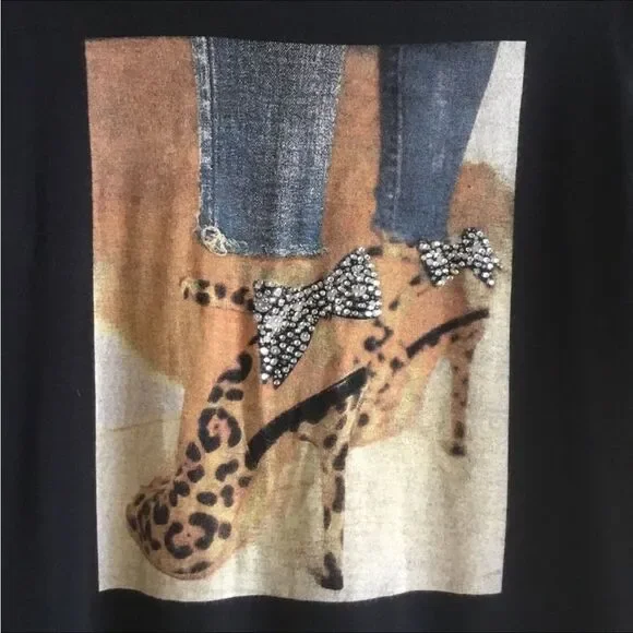 Mesh sleeve tshirt with black bow stiletto print bling chic artsy - Picture 3 of 5